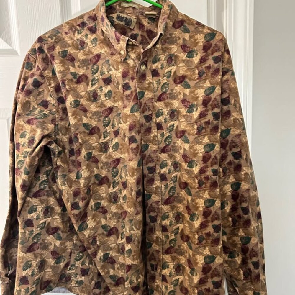 Natural Issue Shirt Mens L Brown Leaves Wrinkle-Free Long Sleeve Button Down